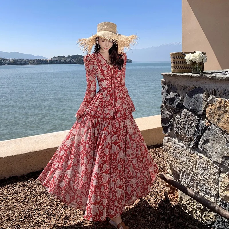French Retro Ethnic Red Print Dress for Women, Xinjiang West Sichuan Tourism Bohemia Photo Dress Summer
