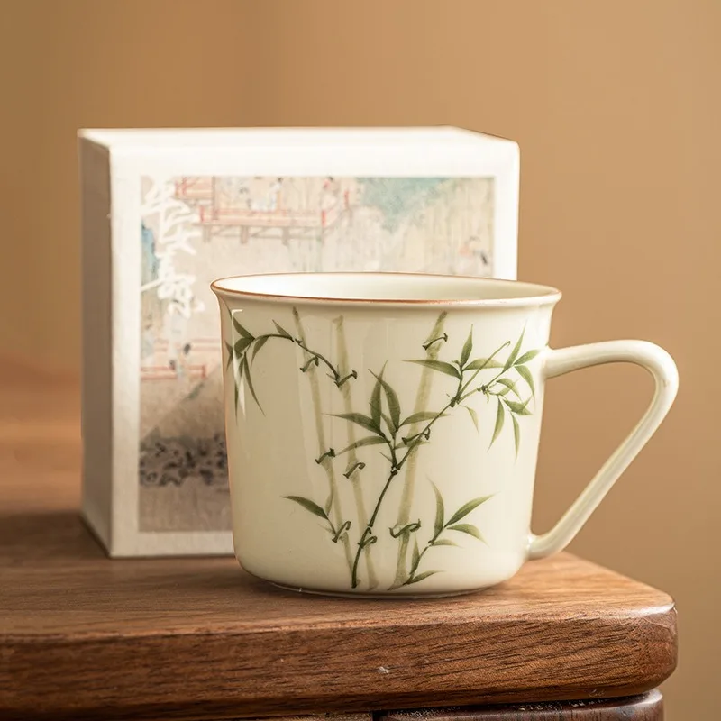 

200ML Kaolin Ceramic Mug Hand Painted Bamboo Pattern Tea Coffee Mug Porcelain Drink Cup Housewarming Holiday Gift Mug with Box