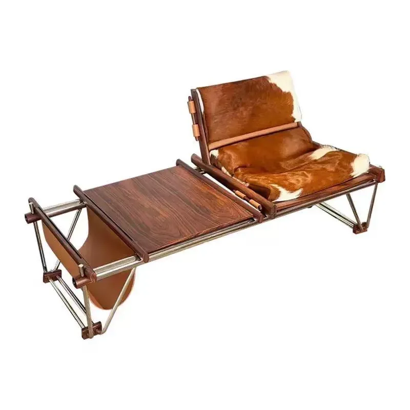 

Designer reading chair stainless steel recliner light luxury cowhide leather Internet celebrity creative backrest bench