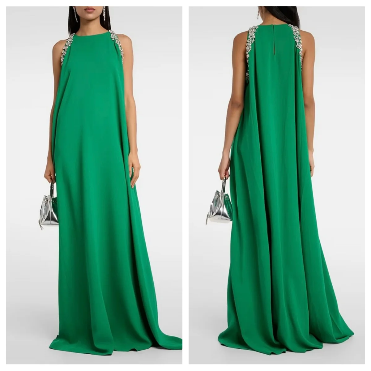 Customized Crew Neck Sleeveless Cocktail Dress Straight Floor Length Modern Evening Dress Crystal Green Delicate Prom Dress