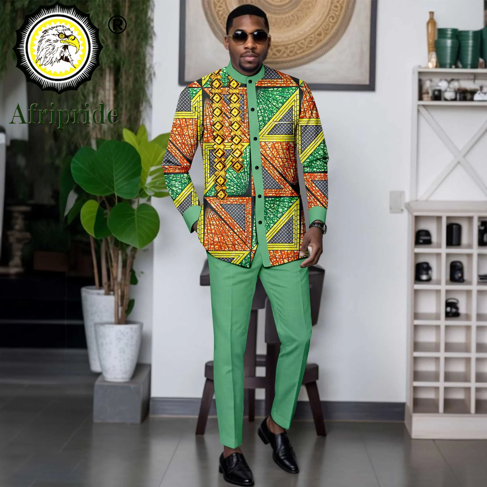 African Suits for Men Slim Fit Embroidery Single Breasted Print Shirts and Pants Set Formal Clothes Dashiki Outfits 2416034