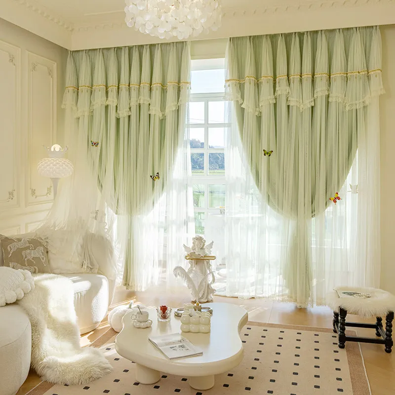 French Style double layer curtain Romantic Princess Bedroom Drapes Lace Trim & Ruffled Valance, Light Filtering for Living Room