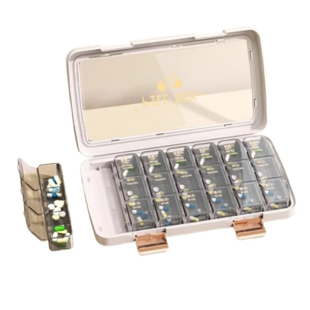 21/28 شبكة منظم حبوب منع الحمل صندوق محمول واضح 7 أيام حالات حبوب منع الحمل البلاستيك المدمجة حبوب منع الحمل صندوق تخزين خطة الأدوية الشهرية #1