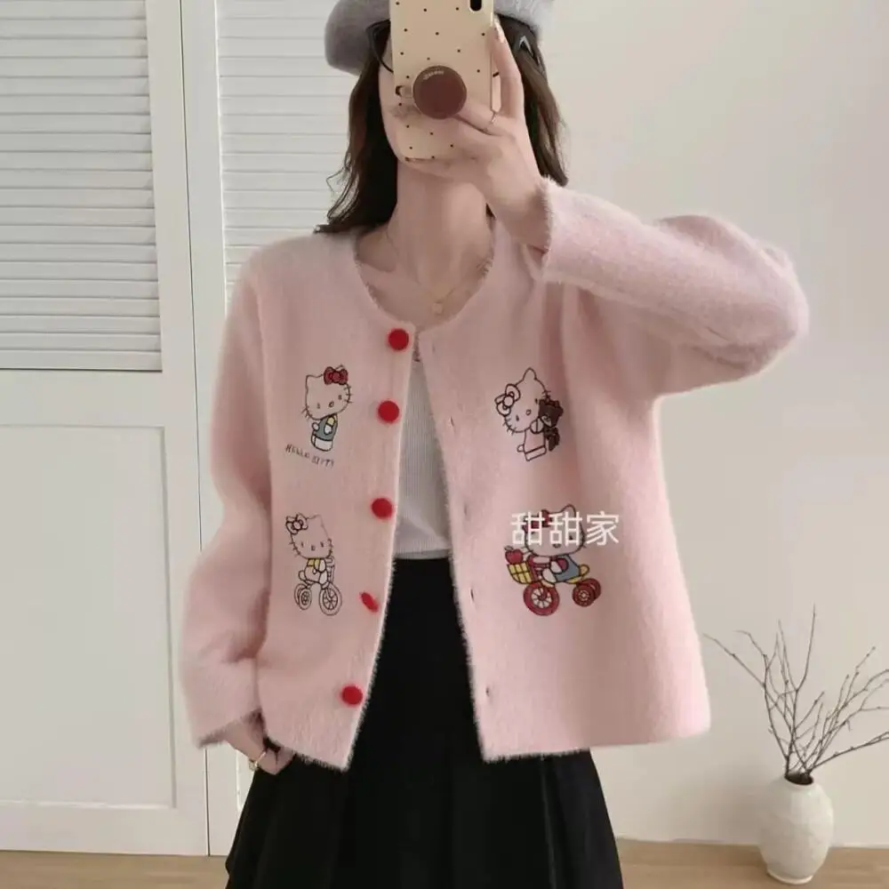 Maglione cardigan da donna Kawaii Hello Kitty Sanrio Anime Cartoon Autunno Top lavorato a maglia allentato Cappotto maglione ricamato morbido cartone animato