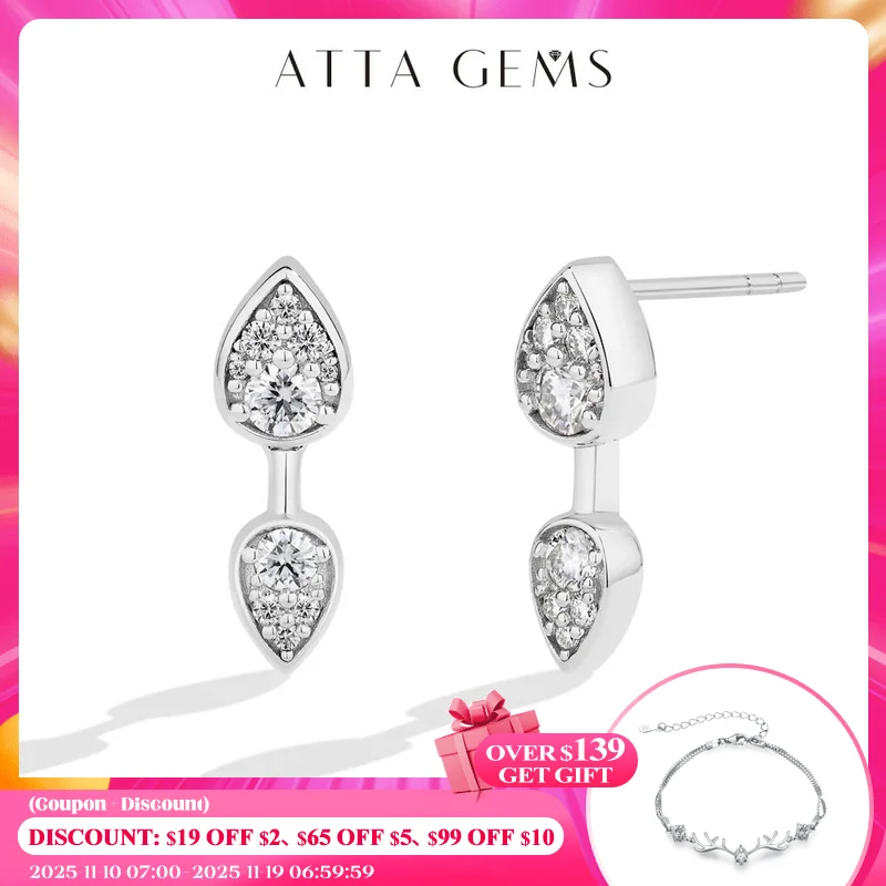 

ATTAGEMS Classic Full Moissanite Stud Earring Double Teardrop Design S925 Sterling Silver 18kGold Plated For Women Party Jewelry