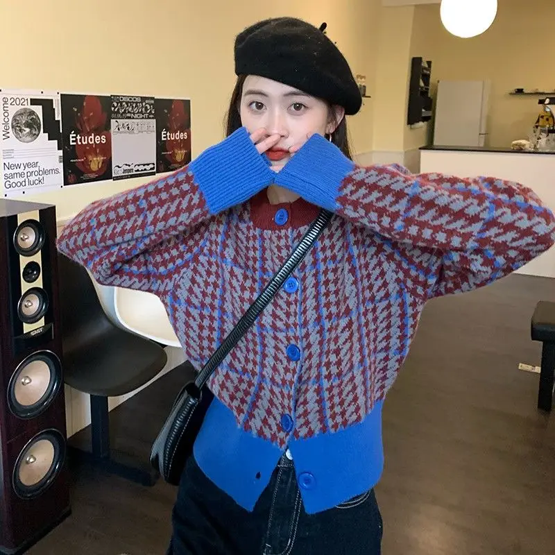 

Knitted Cardigan Color Houndstooth Color Block Single Breasted Round Neck Women'S 2024 Autumn And Winter New Short Sweater Top