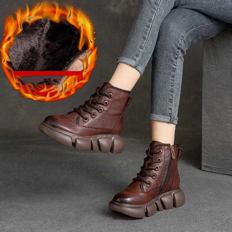 Koznoy 5cm Retro Natural Platform Wedge Autumn British Booties Ankle Genuine Leather ROME Motorcycle Spring Ethnic Woman Shoes