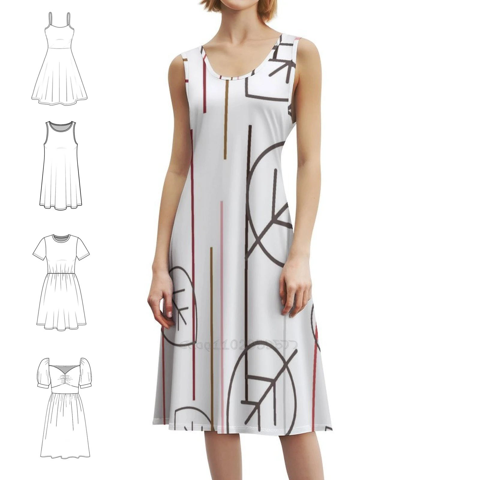 

Mid Century Modern Lines And Leaves Preppy Style Mini Dress For Women A-Line Loose Fit Casual Day Dress Abstract Leaves Nature