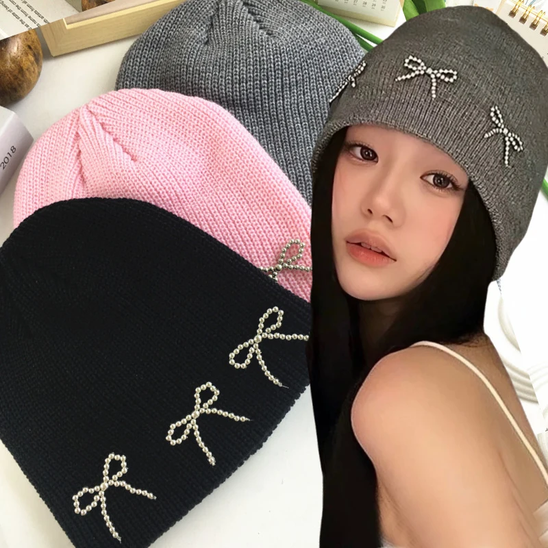 Sweet Bow Women Knitted Hat Korean Girl Beanies Hat Winter Warm Ear Protection Hats Thick Woolen Crochet Bonnet Earmuffs Cap