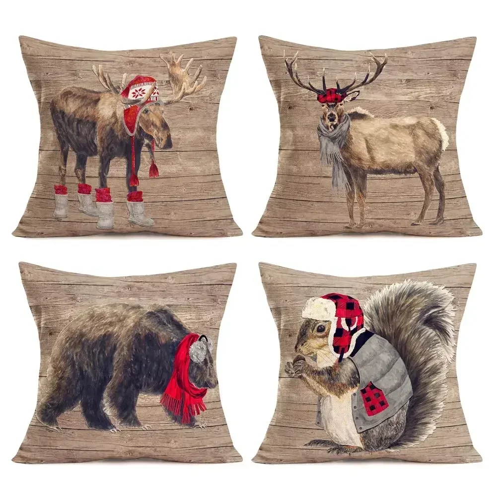 Winter decoration squirrel elk bear printed linen pillowcase sofa cushion cover home decoration can be customized for you 40x40