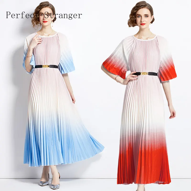 Large Size Loose 2024 Miyake New Summer Pleated Long Dress Women O-Neck Lace-up Belt Flower  Splicing Vintage Slim A-Line Dress