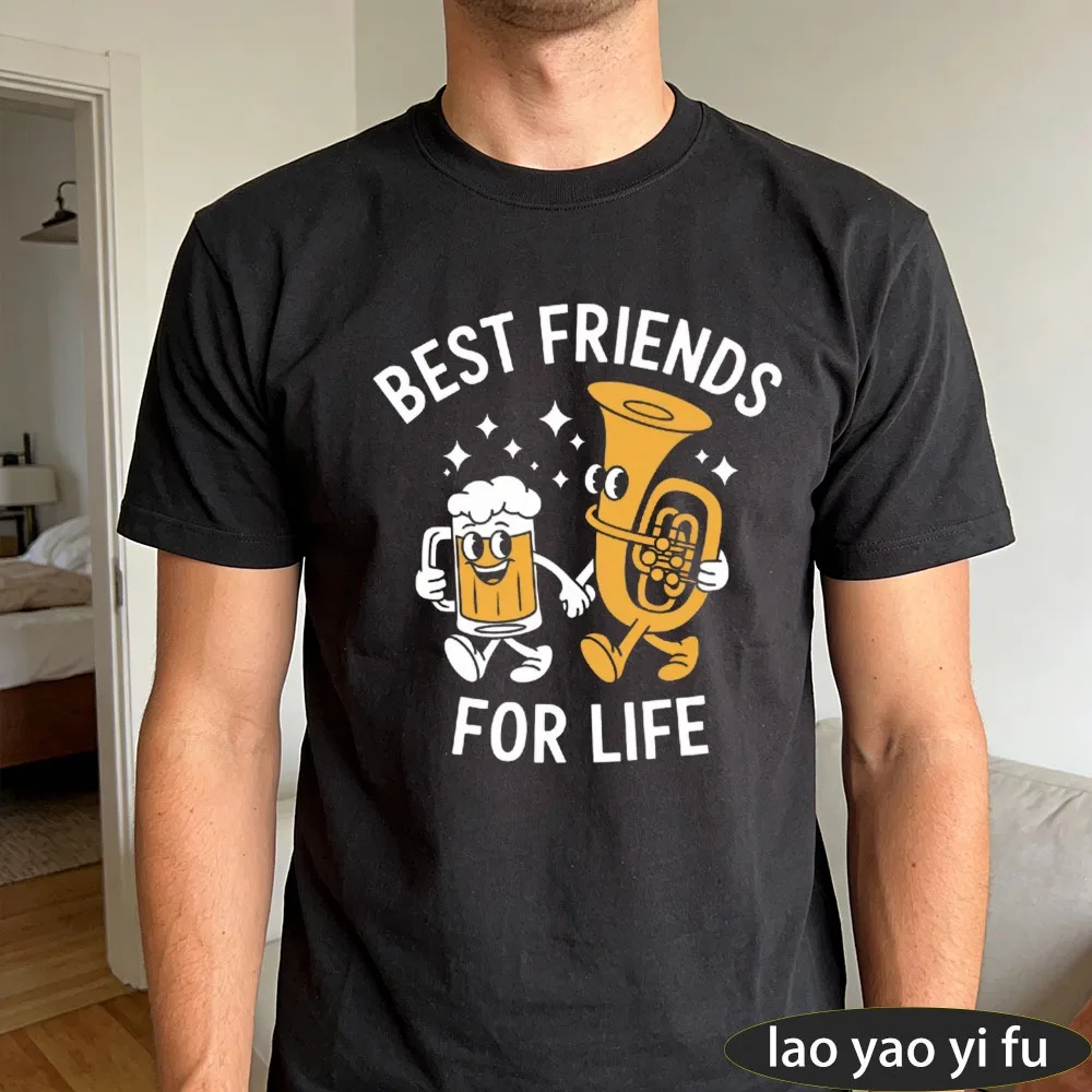 Camiseta con gráfico de dibujos animados de Best Friends for Life Beer Mug & Tuba, divertida camiseta de algodón para amantes de la cerveza, regalo para amigos de banda musical