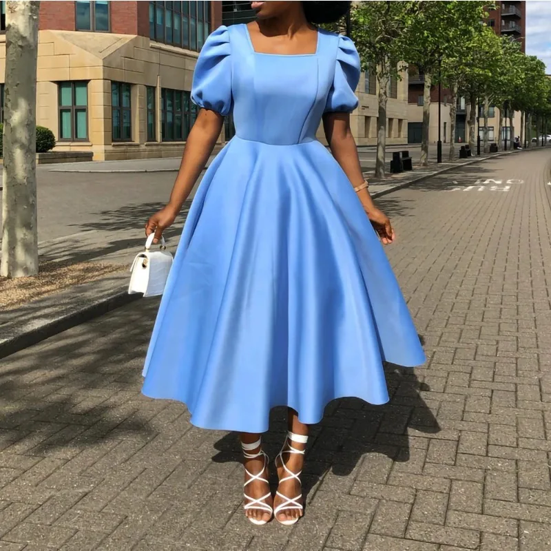 

2024 New Fashionable Women Party Dress Square Collar Short Lantern Sleev Pleated High Waist Female African Female Birthday Event