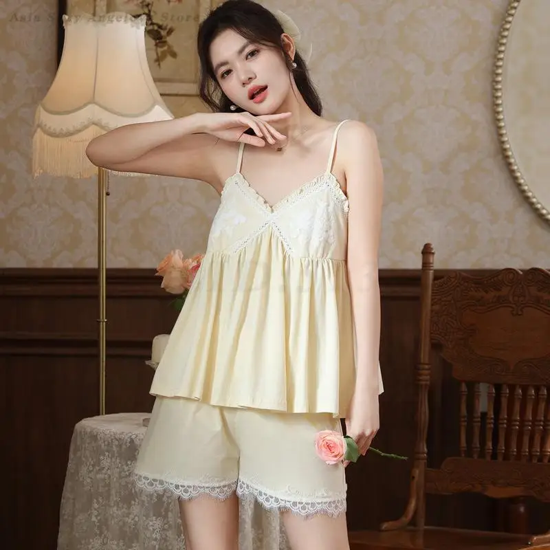 Sexy Lace Cami&Shorts Pajamas Women\'s Summer Home Wear Loose Casual Spaghetti Strap Pyjamas Pink Intimate Lingerie Sleepwear