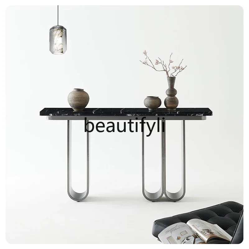 Italian extremely narrow marble table high-end wrought iron slate light luxury living room ultra-narrow tea table entrance