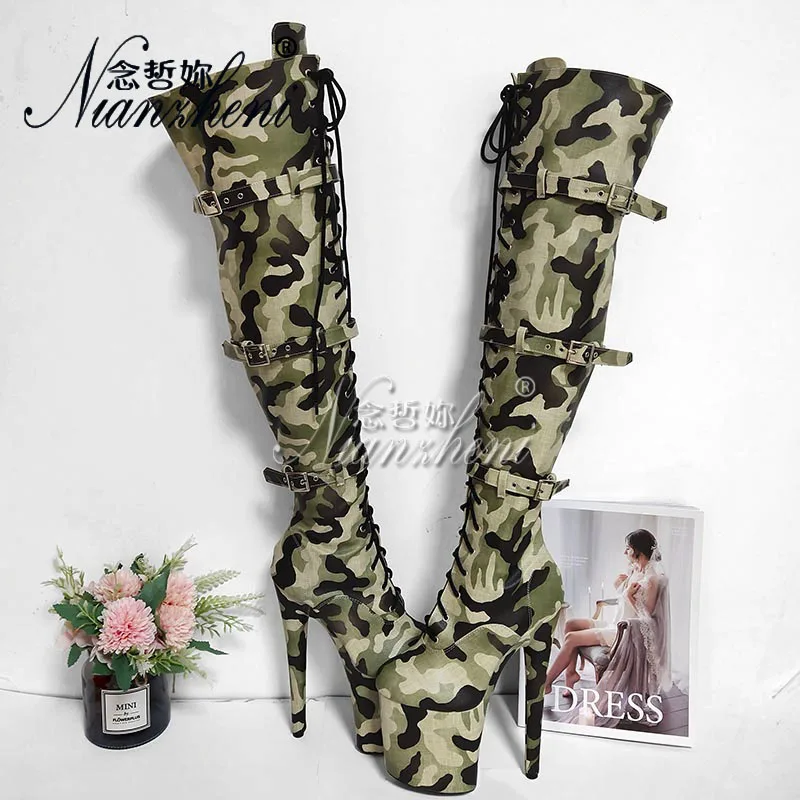 Sexy Camouflage Strip Pole Dance 20cm Thin High Heels Over The Knee Women Boots Exotic Platform Belt Buckle Strip Gothic Shoes