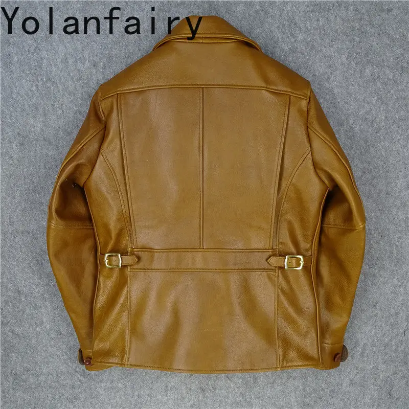 YOLANFAIRY Top Layer Cowhide Genuine Leather Jacket Men 2026 Turn-down Collar 100% Real Leather High Quality Vintage Coat Man