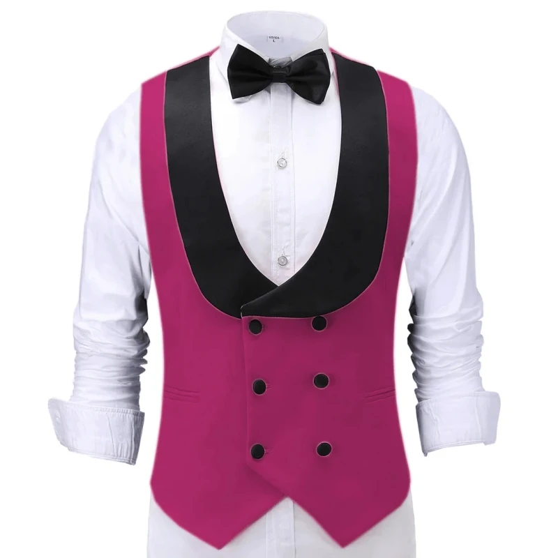 Men Vest Beige With Black Lapel Double Button Waistcoat For Banquet Birthday Wedding Business Work Formal Set Men Suit Vest