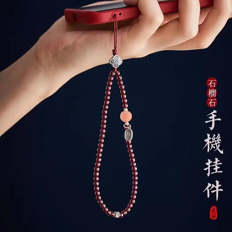 Natural Garnet Mobile Chain Pure Silver Four Leaf Safe Anti Drop Mobile Phone Pendant Wrist Strap Short Style for Women