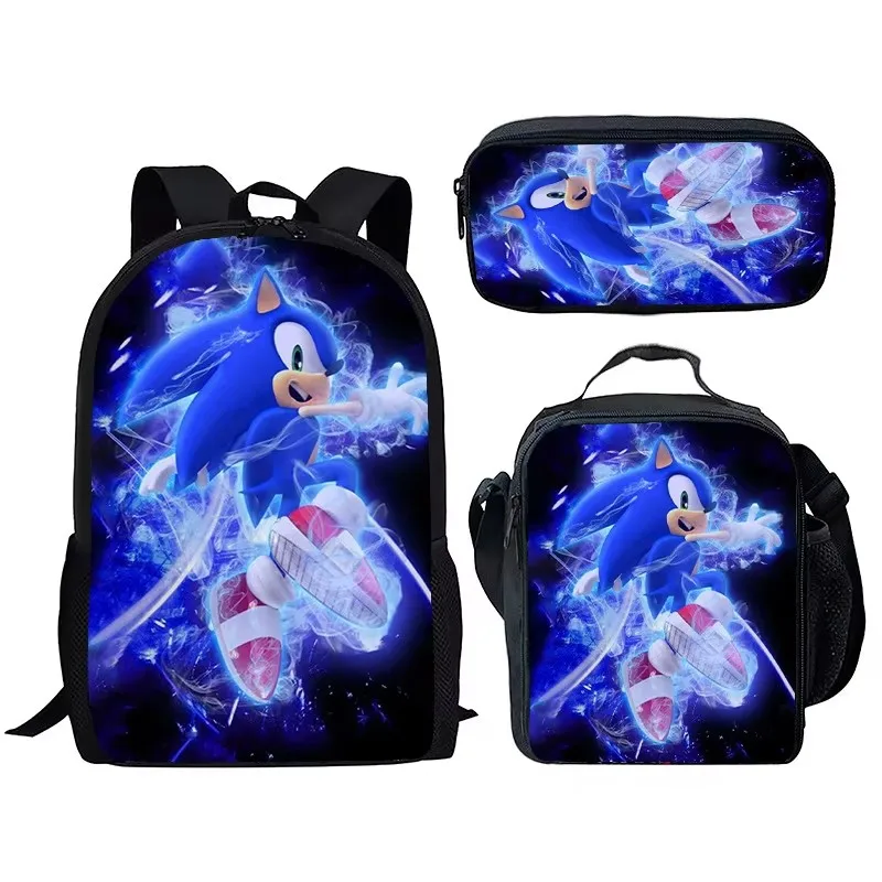 

Cartoon SONIC Schoolbag With Lunch Bag Pencil Case for Primary School Students Boys Girls Primary Lightweight Backpacks 3pcs