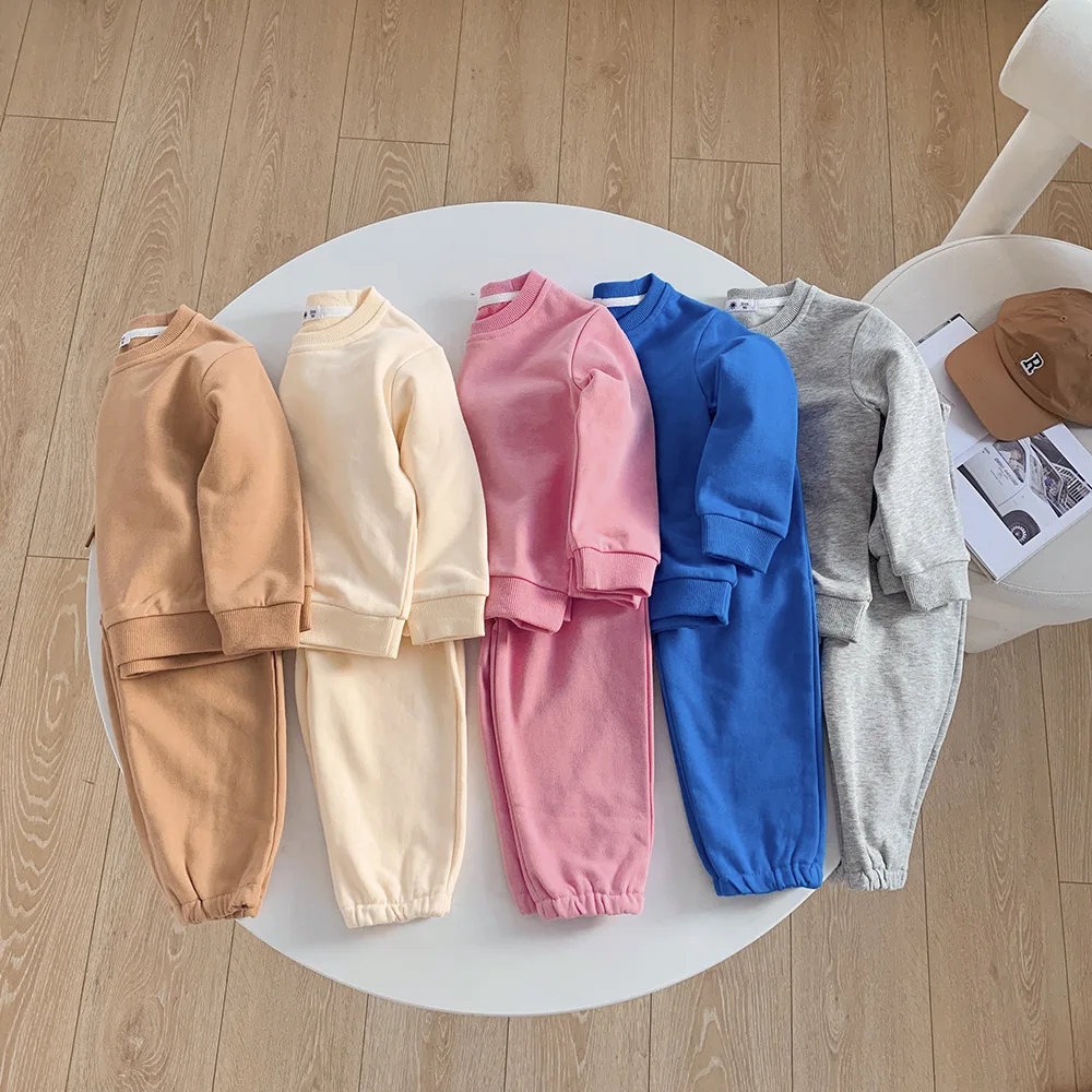 

Boys Girls Sweatshirt Sets Long Sleeved Round Neck Solid Color Pullovers Pants Two Piece Set Spring Autumn Casual Clothes Suits