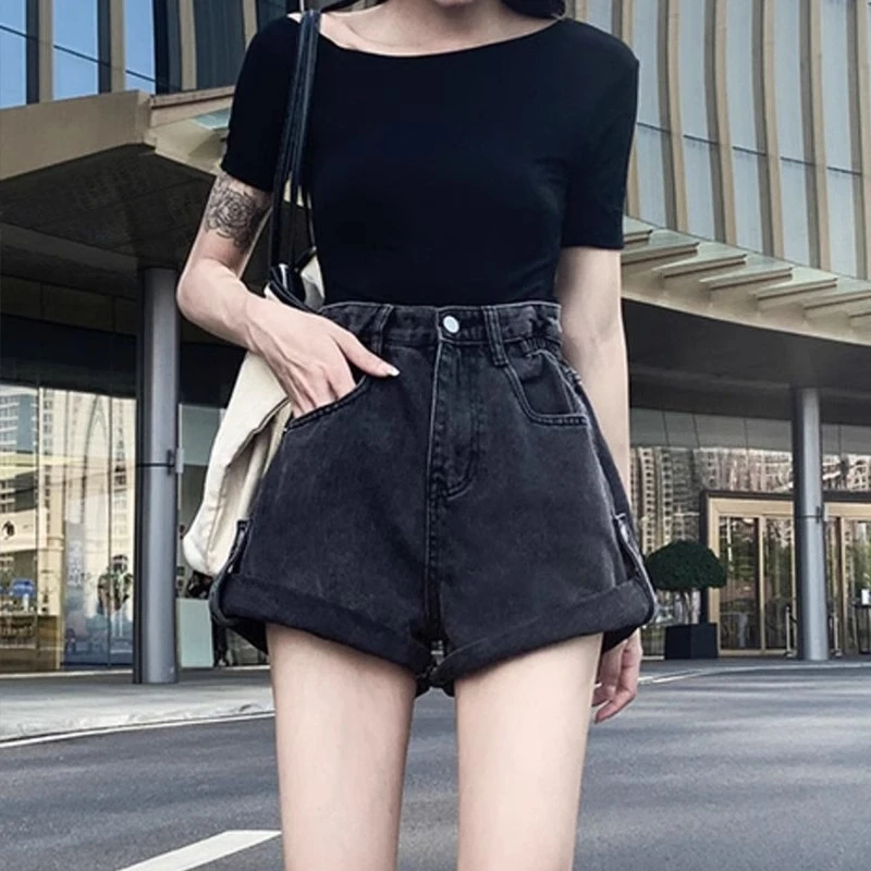 

Grey rolled denim shorts summer new high-waisted loose cover crotch thin Korean version of the a word wide-leg hot trousers