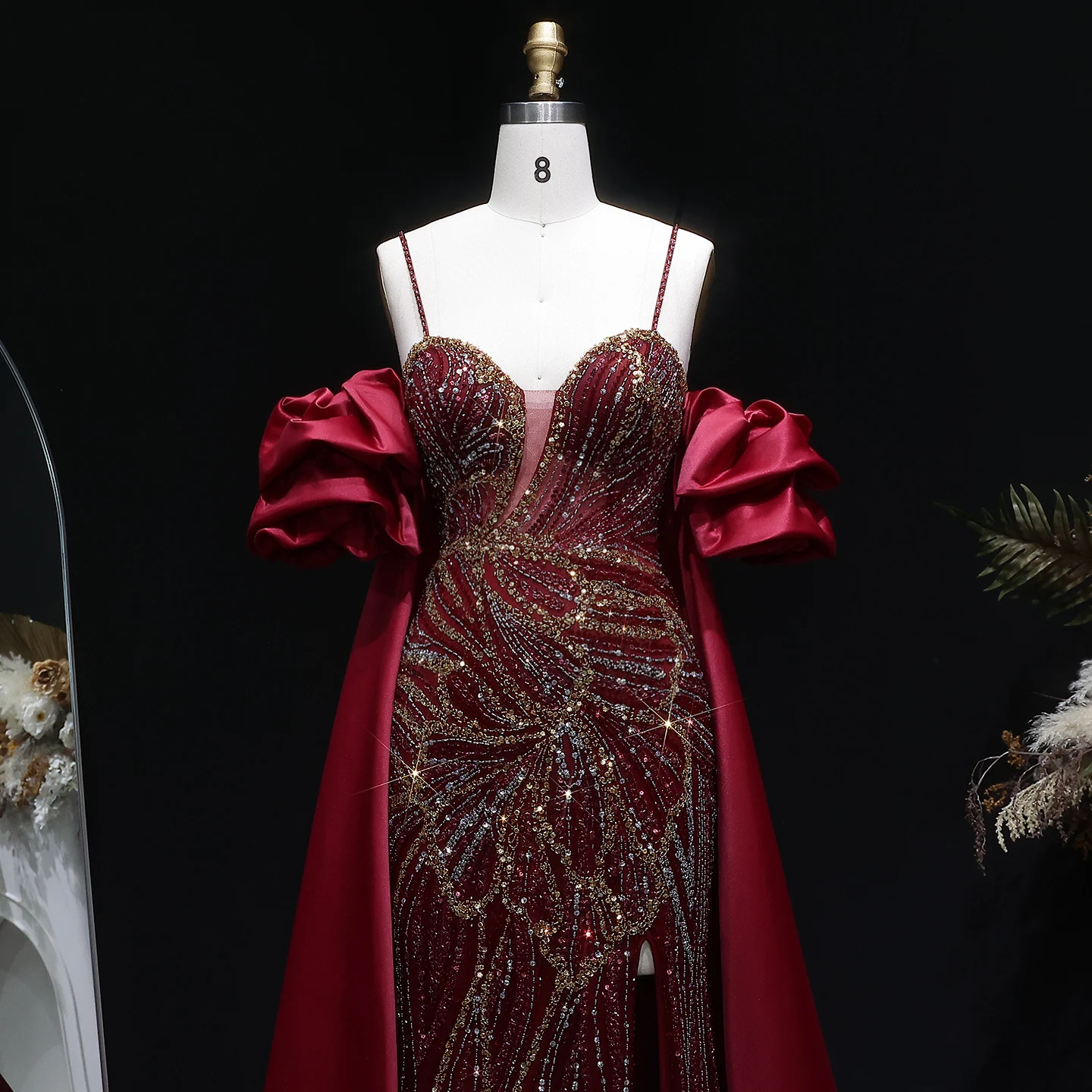 Sharon Said Elegantes Grünes Meerjungfrauenkleid mit Perlenstickerei, Schulterfrei, mit Satinumhang, Damen-Partykleid, SS157, Anpassbar – Detail 21