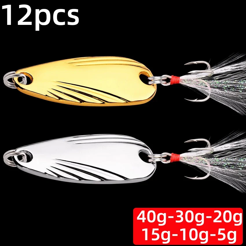 12pcs Kit Fishing Lures Set 40g 30g 20g 15g 10g 5g Hard Artificial Wobblers Metal Jig Spoons Bait Fishing Tackle Accessories