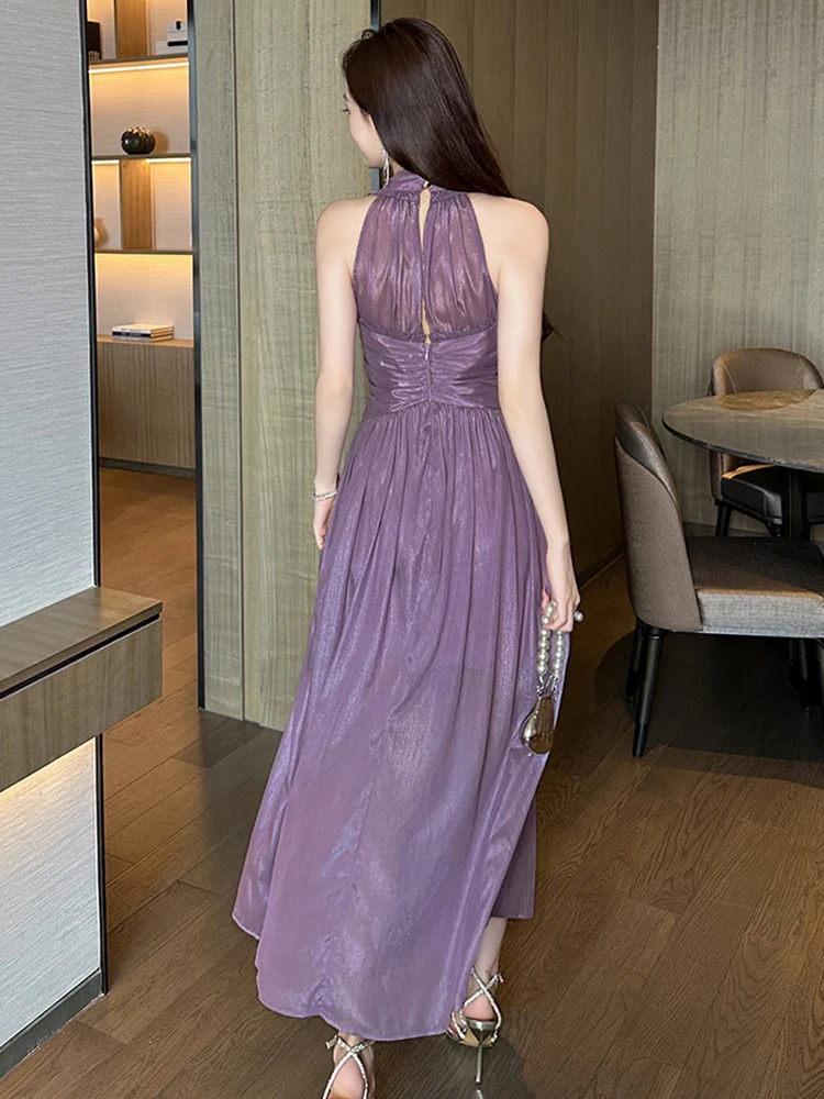 Summer Purple Sweet Ruffle Vacation Evening Dress Women Clothes Elegant Sexy Halter Backless A-Line Long Robe Party Prom Vestido