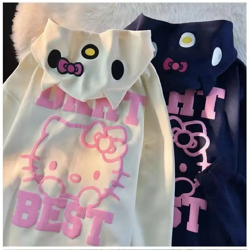

Sanrio Hello Kitty Hooded Sweatshirt Winter Thickened Anime Print Kawaii Autumn Outdoor Zipper Thin Cartoon Cute Girls Clothes
