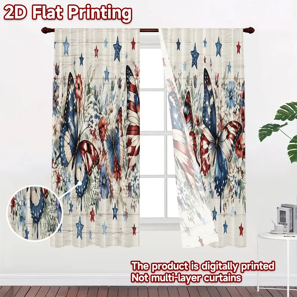 2D FLAT PRINTING 2pcs Curtains (Without Rod) Independence Day Butterfly Decor Modern Print Curtains Fabric Curtains Ramadan