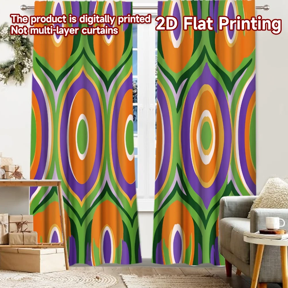 2 قطعة، ستائر طباعة مسطحة ثنائية الأبعاد (بدون قضيب) ستائر هندسية للعطلات والهالوين وعيد الميلاد مطبوعة بوليستر متعدد الاستخدامات