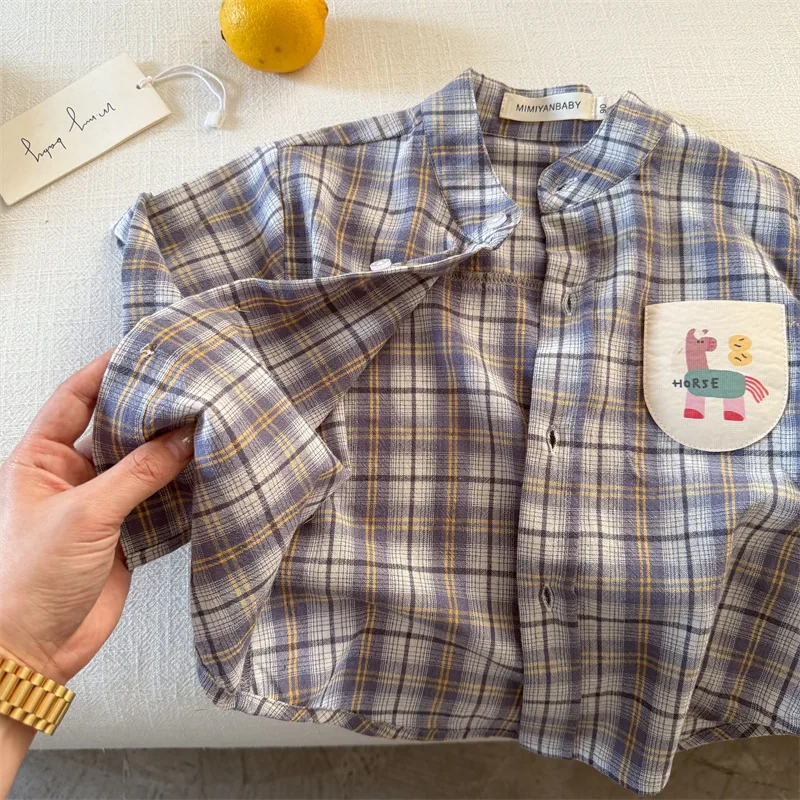 Kids' shirts: new 2026 summer collection - cartoon pocket shirts for boys and girls, baby plaid shirts, short sleeve