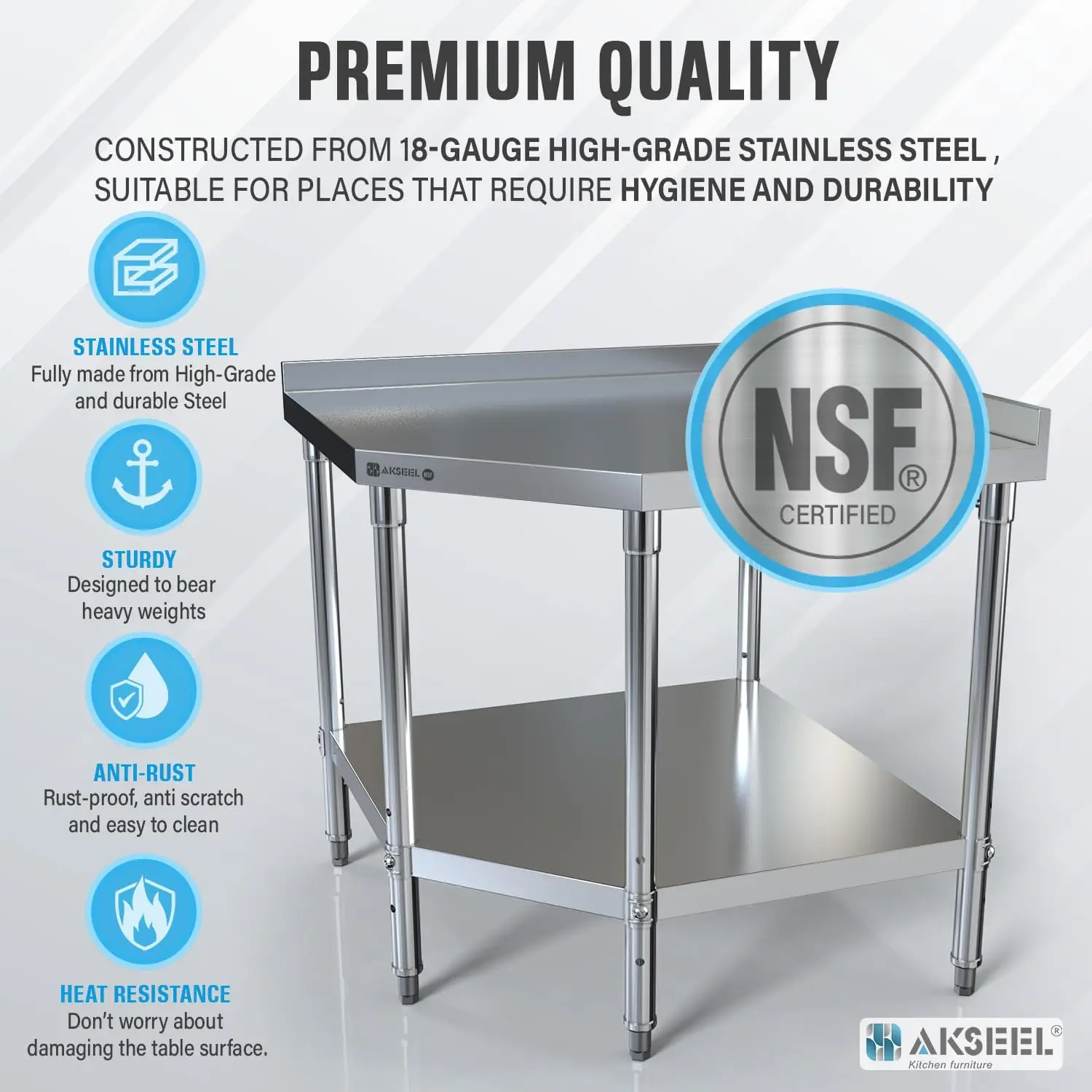 Corner Stainless Steel Work Table - Food Prep Tables for Commercial Kitchen - NSF Metal Heavy Duty Workbench with Backsplash
