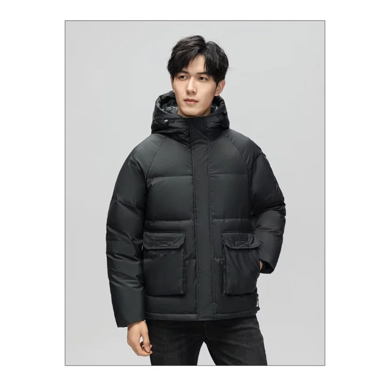 GIOIOMen's Down Cotton Jacket，Autumn Winter White Duck Down Filling Warm Hooded Three-Dimensional Pocket Men Jacket Coat