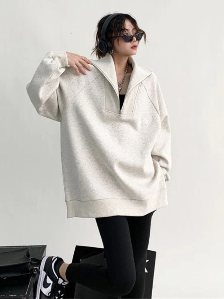 Sweatshirts Women Elegant Preppy Loose All-match Casual Ropa Mujer Autumn Long Sleeve Korean Fashion Style Minimalist Zipper New