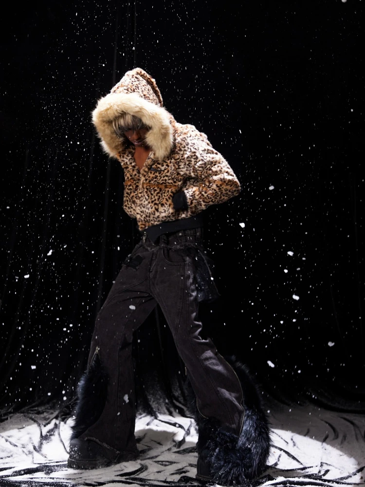 Pelzmütze mit Leopardenmuster für Herbst und Winter, neue Unisex-Hoodiejacke, Kapuzenoberteil, warmes Außenshirt