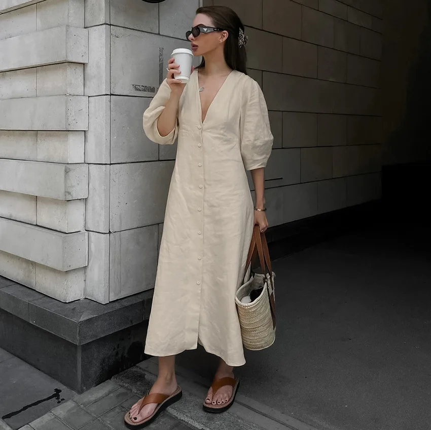 French Light Ripe Wind Cotton and Linen V-neck Bubble Sleeve Backless Thin Strap Autumn and Winter New Long Dress for Women