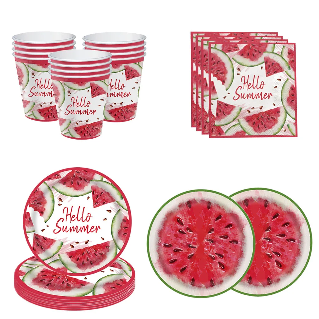 8Guests Summer Watermelon Disposable Tableware Set Watermelon Fruit Napkins Plates Cups Happy Hawaiia Summer Birthday