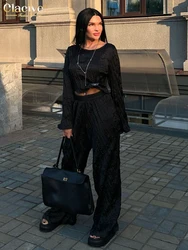 Clacive Fashion Loose Black Women's Two Pieces Set 2025 Elegant Long Sleeve Crop Top With High Waist Wide Pants Set Female