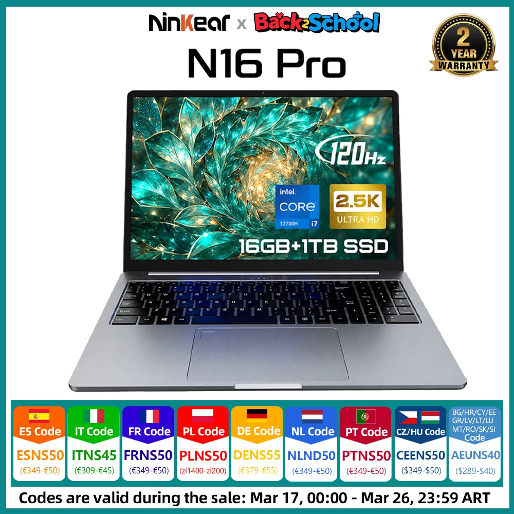 Ninkear N16 Pro Portátil 16 Pulgadas Intel Core i7-12700H 16GB RAM 1TB SSD 2,5K 120Hz 100% sRGB Windows 11 Iris Xe WiFi 6 Carga Rápida PD 65W Lector de Huellas