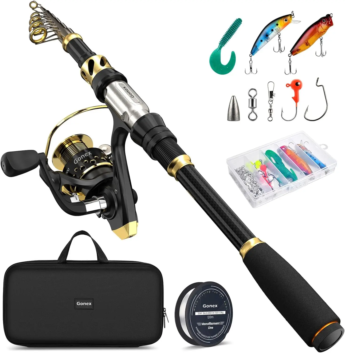 

Telescopic Fishing Rod and Reel Combo with Line, Lures Kit, Bag for Saltwater Freshwater, 6-9 Feet