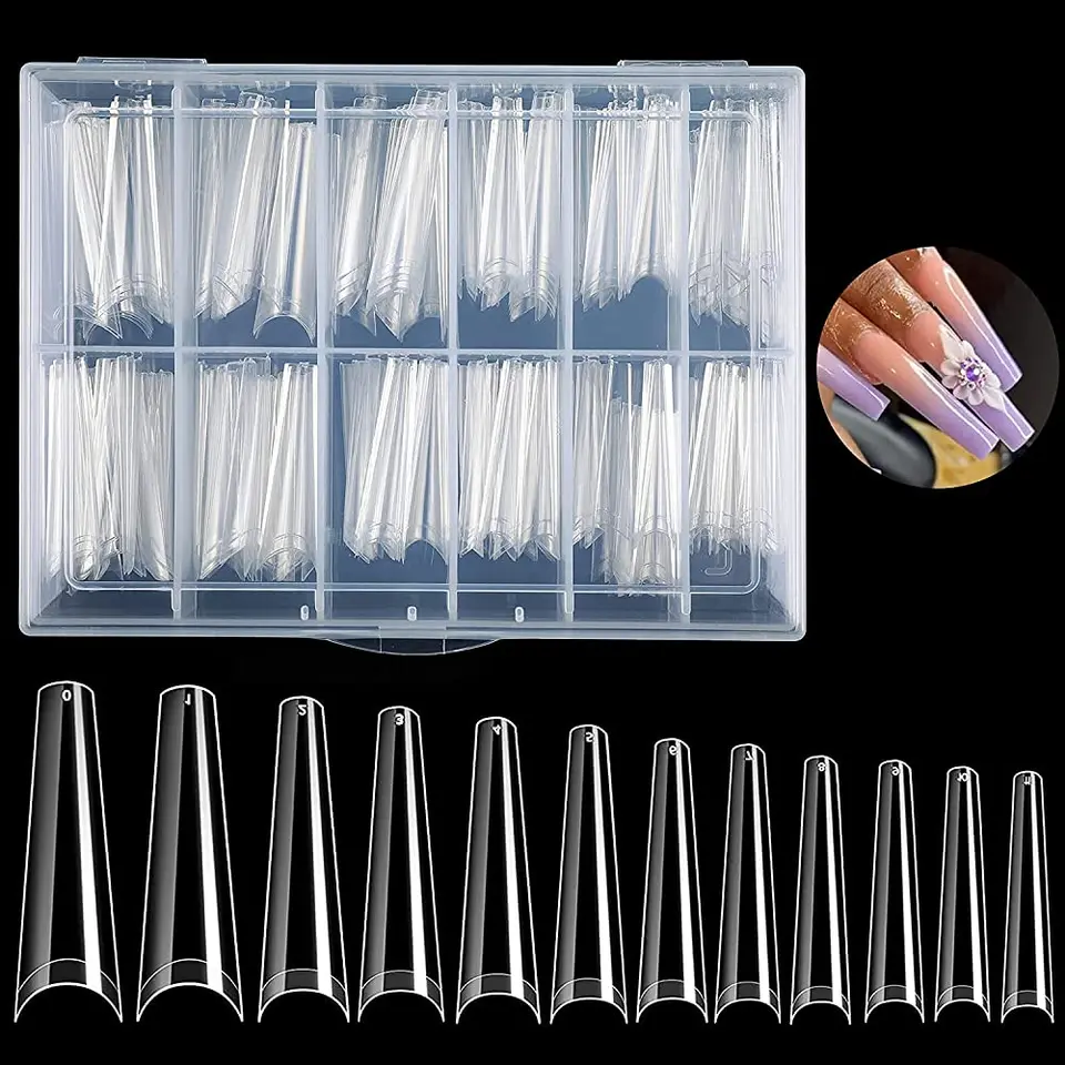 200/240 piezas de uñas postizas cuadradas XXL, tips de uñas con curva C o rectas, acrílicas extra largas, transparentes y naturales, herramienta de salón 2