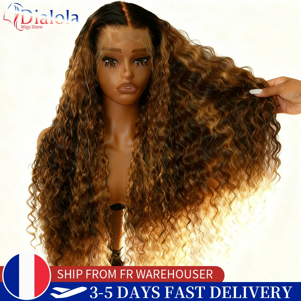 Perruque brésilienne en cheveux humains bouclés, densité 220, avec reflets, frontale en dentelle HD 13x4 13x6, style Deep Wave et Water Wave, couleur P4/27