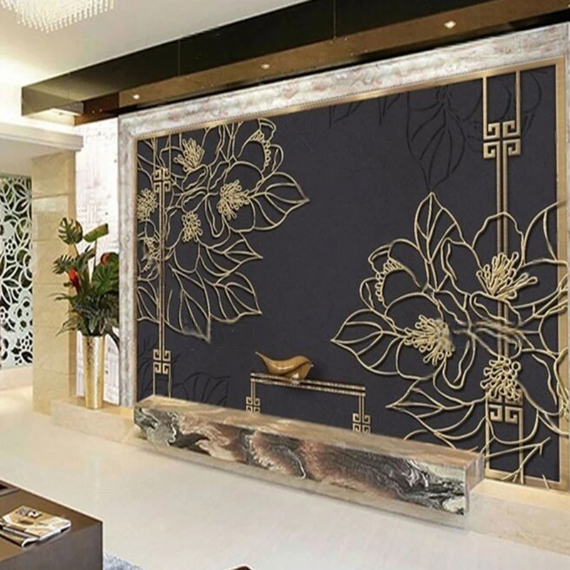 New creative ironwork peony screen writing desk bird relief TV luxurious home decoration background wall