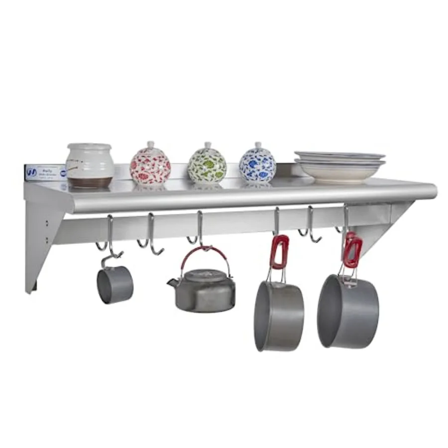 

Hally Stainless Steel Shelf with 6 Hooks 12" x 36" Wall Mounted Pot Rack, NSF Commercial Floating Shelving for Storage Hanging