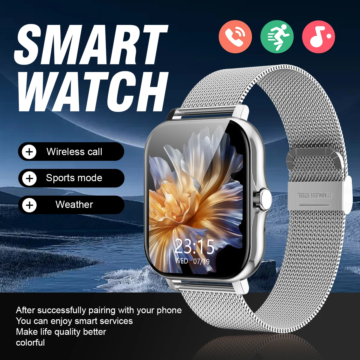 1.83 Size with smart watch, wireless call, compatible with Android and iPhone, fitness tracking unisex sports watch