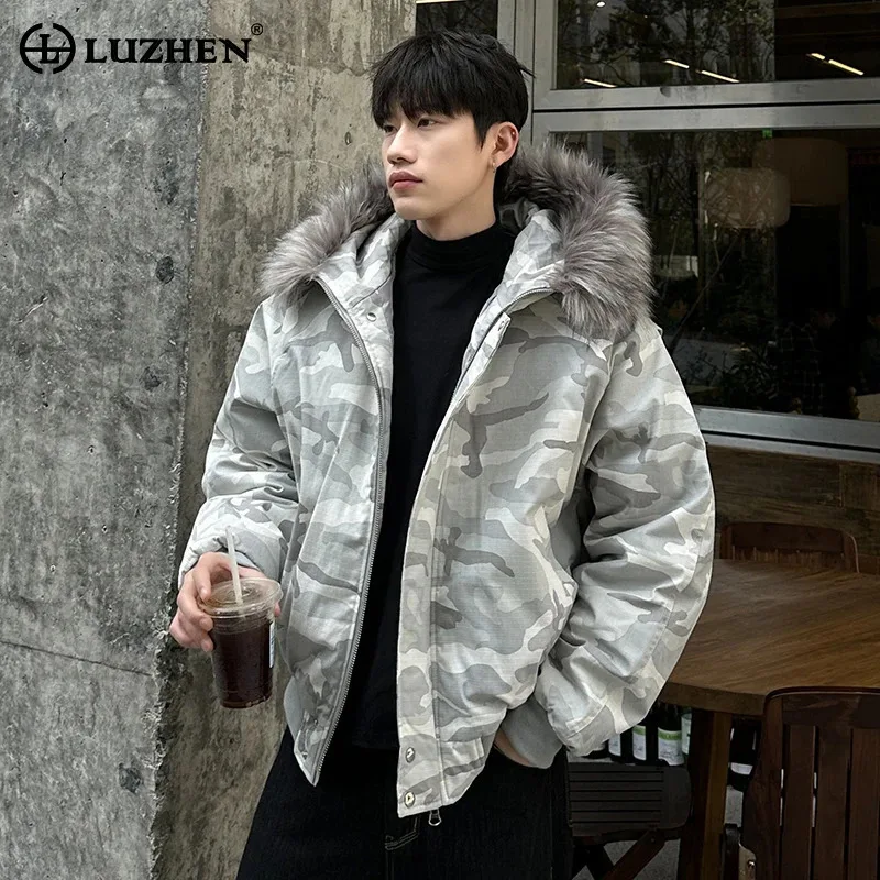 

LUZHEN 2025 Winter New Handsome Gray Camouflage Printed Fur Hooded Parka Coat Men's Fashion High Quality Padded Clothes JY5014