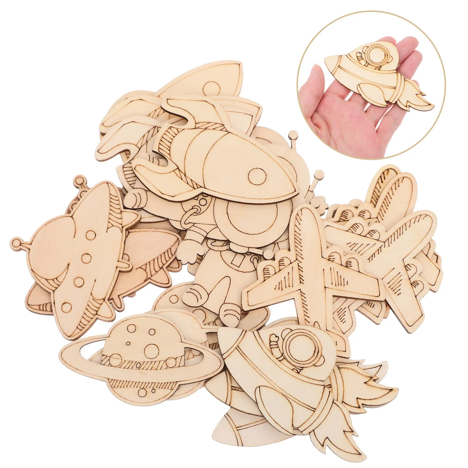 24Pcs Unfinished Wooden Space Craft Shapes Astronaut Rocket Planet Alien Painting Project Home Classroom Party Favor