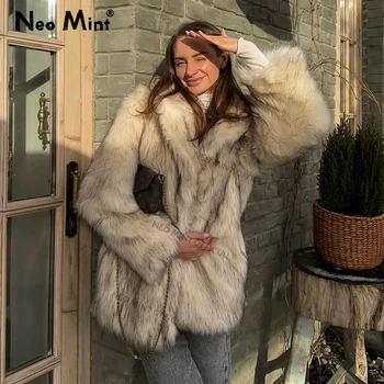 Neo Mint Luxury Brand Fluffy Faux Fur Jacket Women 2024 Winter Long Thicken Warm Gradient Fox Fur Coat Streetwear Furry Overcoat